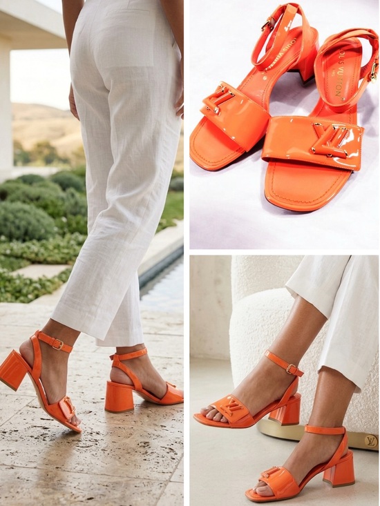 Louis Vuitton Shoes - Louis Vuitton Orange Patent Leather Block Heel Sandals